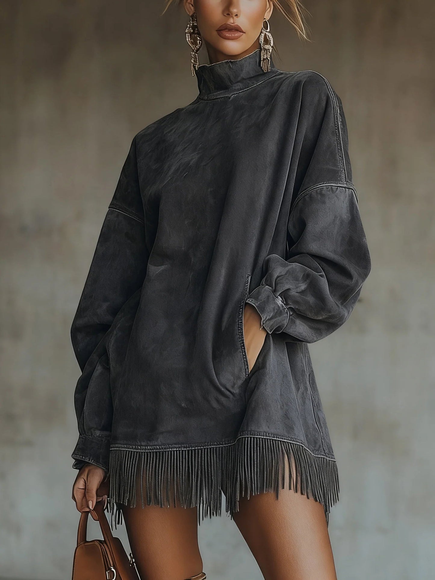 Darcie.Vestido túnica efecto ante con flecos