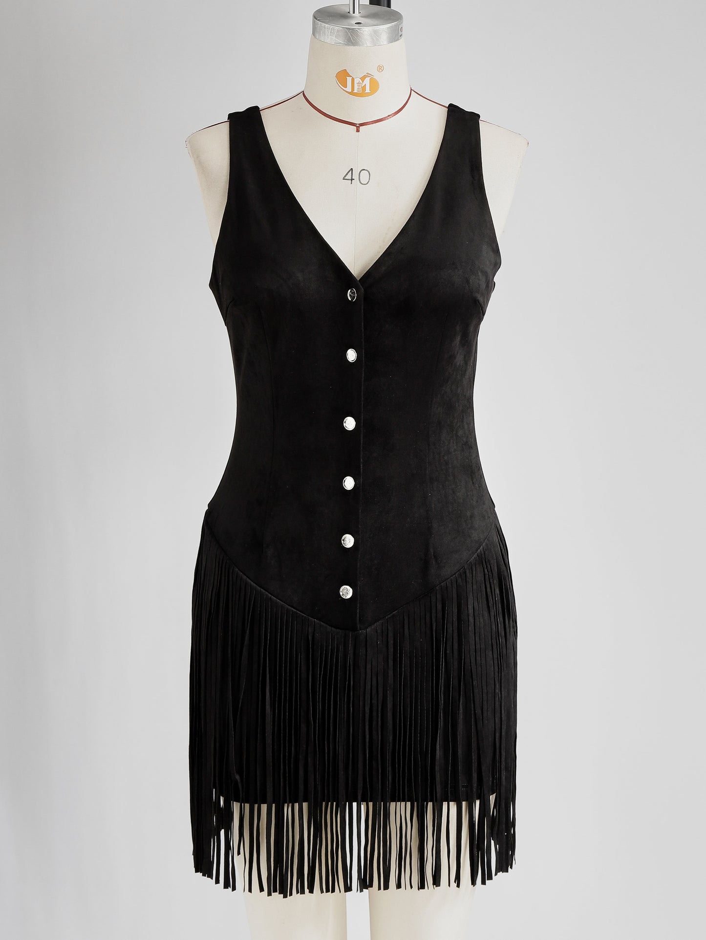 Vestido Mini Ante Sintético Negro con Flecos Western