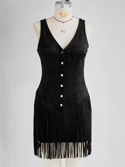 Vestido Mini Ante Sintético Negro con Flecos Western
