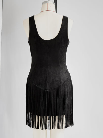 Vestido Mini Ante Sintético Negro con Flecos Western