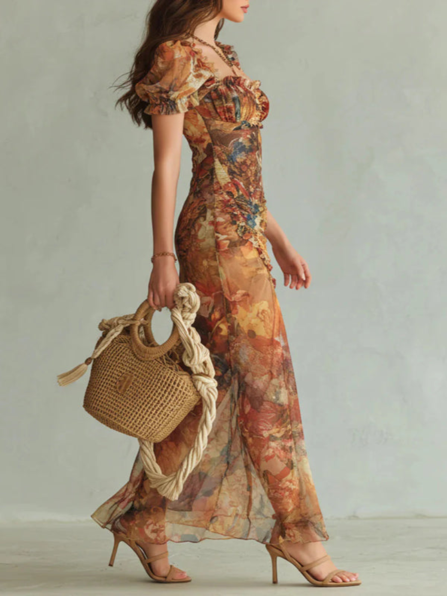 Vestido Maxi Elegante con Escote Cuadrado y Estampado Floral