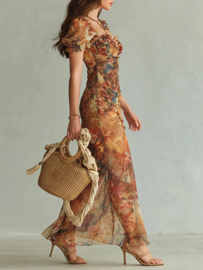 Vestido Maxi Elegante con Escote Cuadrado y Estampado Floral
