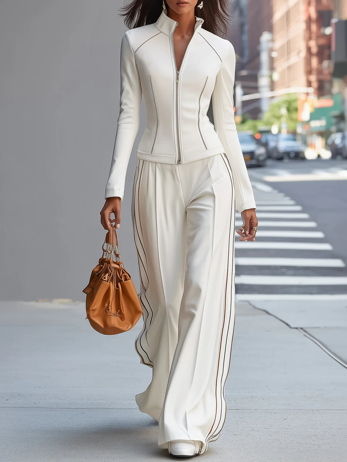 Conjunto de pantalones de pierna ancha con cuello alto y cremallera blanco