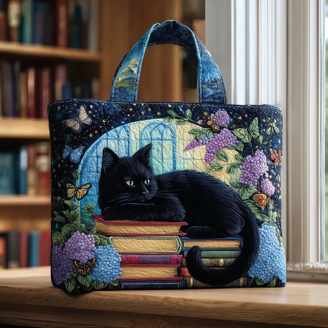 Inés · Bolso Tote Artesanal Gato Negro con Libros
