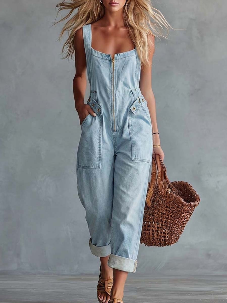 Andrea · Mono Denim con Escote Cuadrado y Cinturón