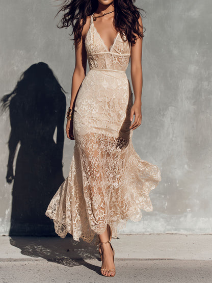 Aurélie | Vestido Maxi de Encaje Dorado con Escote en V