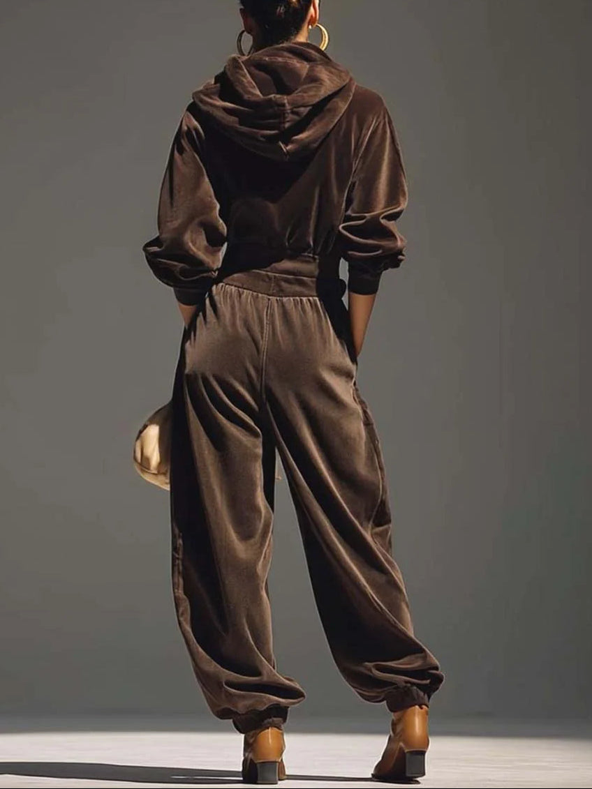 Conjunto de sudadera de terciopelo marrón vintage y pantalones holgados (Incluye cinturón)