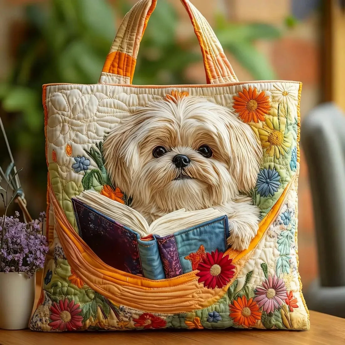 Miriam · Bolso Tote Artesanal Shih Tzu con Libros y Flores