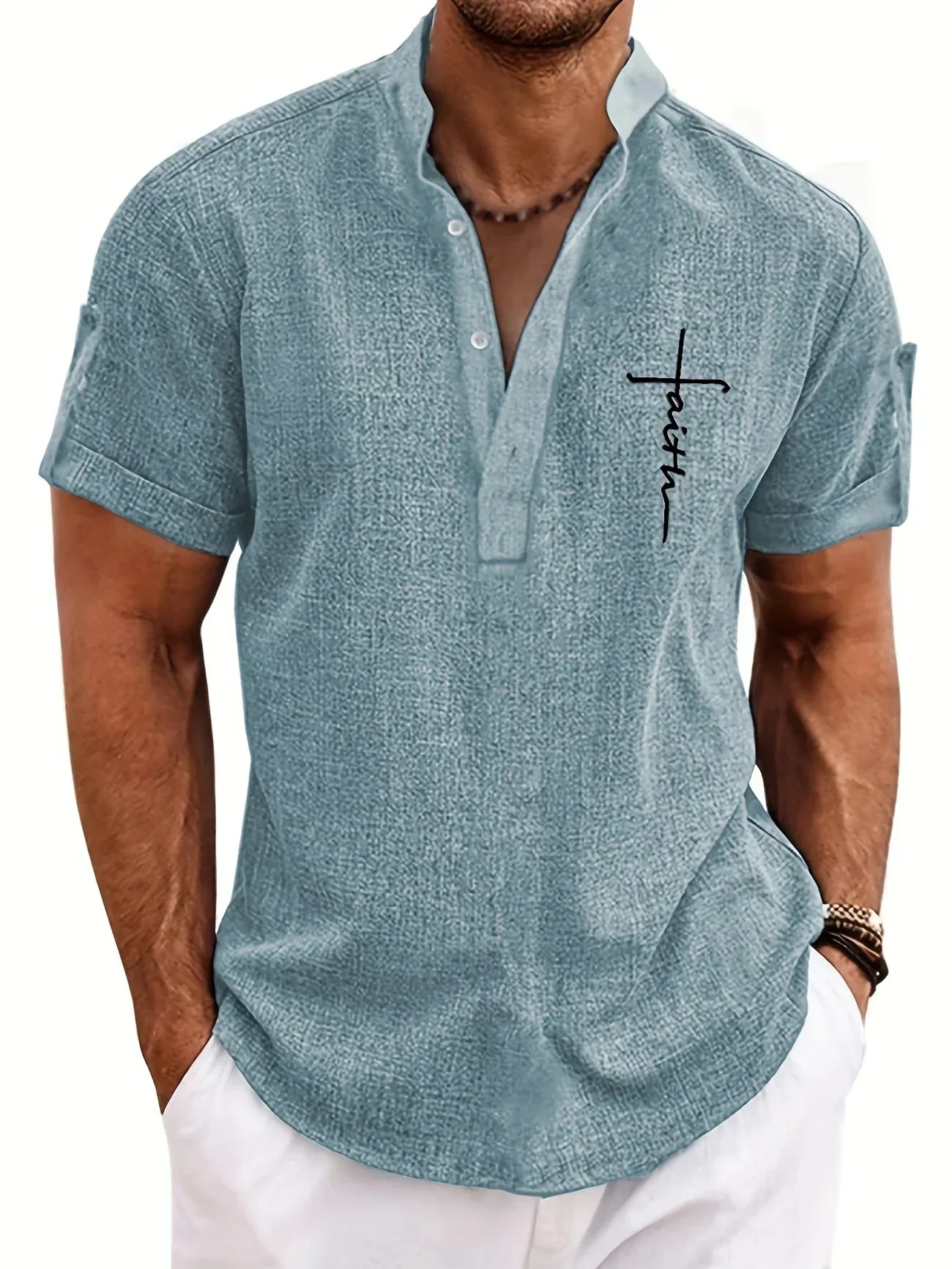 Adrián | Camisa elegante de manga corta con cuello mao