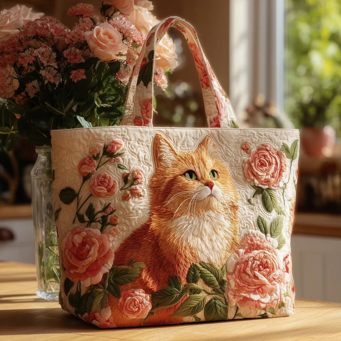 Amparo · Bolso Tote Artesanal Gato Rojo con Rosas