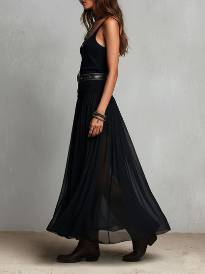 Vestido Maxi Negro Boho Western con Falda Semitransparente