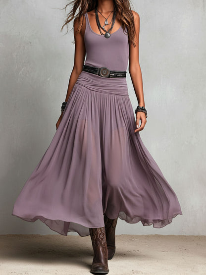 Vestido Maxi Negro Boho Western con Falda Semitransparente