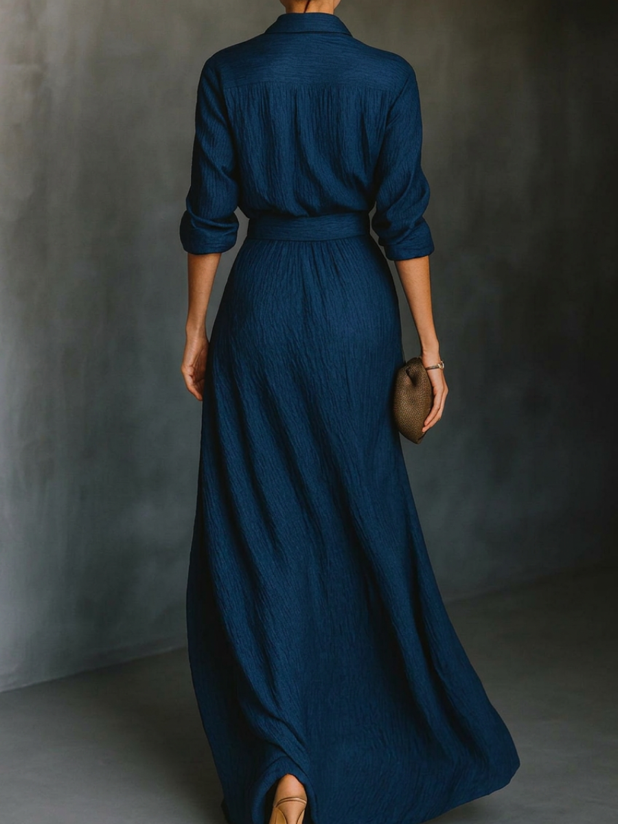 Conjunto Camisa Larga Manga Larga y Falda Maxi Plisada en Azul Noche