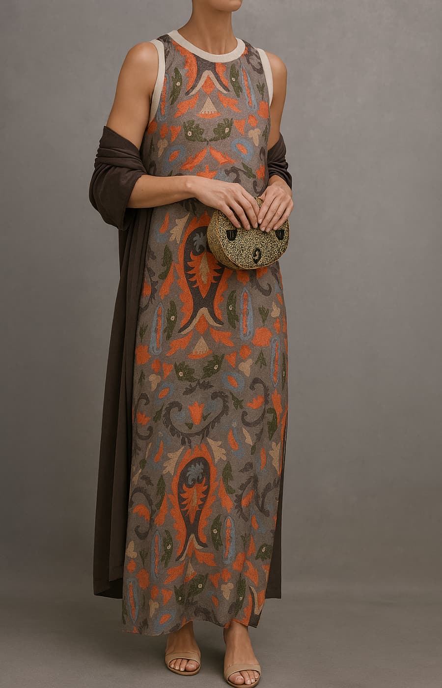 Elena | Conjunto vestido largo estampado con chaqueta a juego