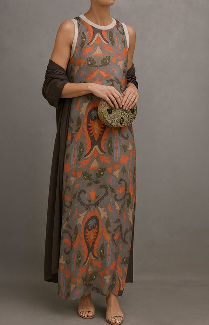 Elena | Conjunto vestido largo estampado con chaqueta a juego