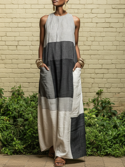 Nora · Vestido Maxi de Lino con Rayas Color Block