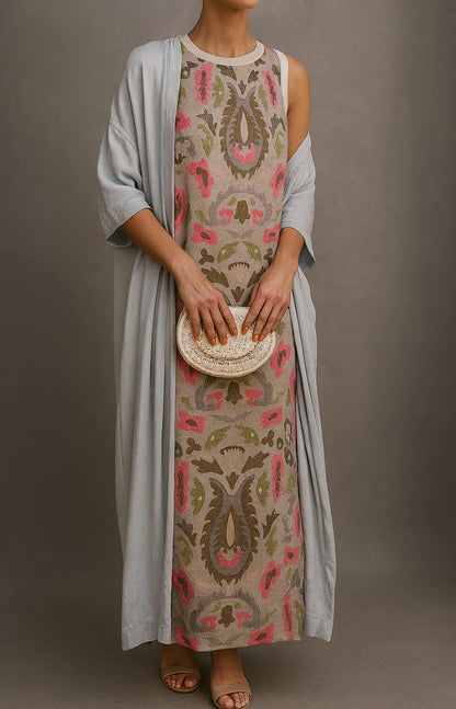 Elena | Conjunto vestido largo estampado con chaqueta a juego