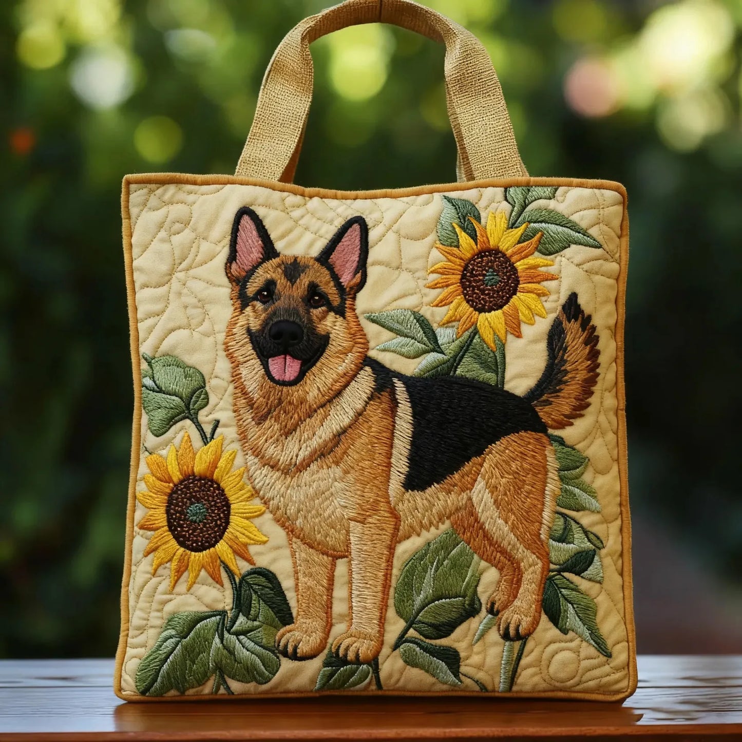 Marta · Bolso Tote Floral Artesanal con Pastor Alemán