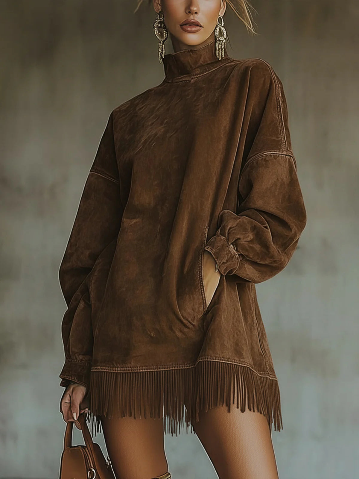 Darcie.Vestido túnica efecto ante con flecos