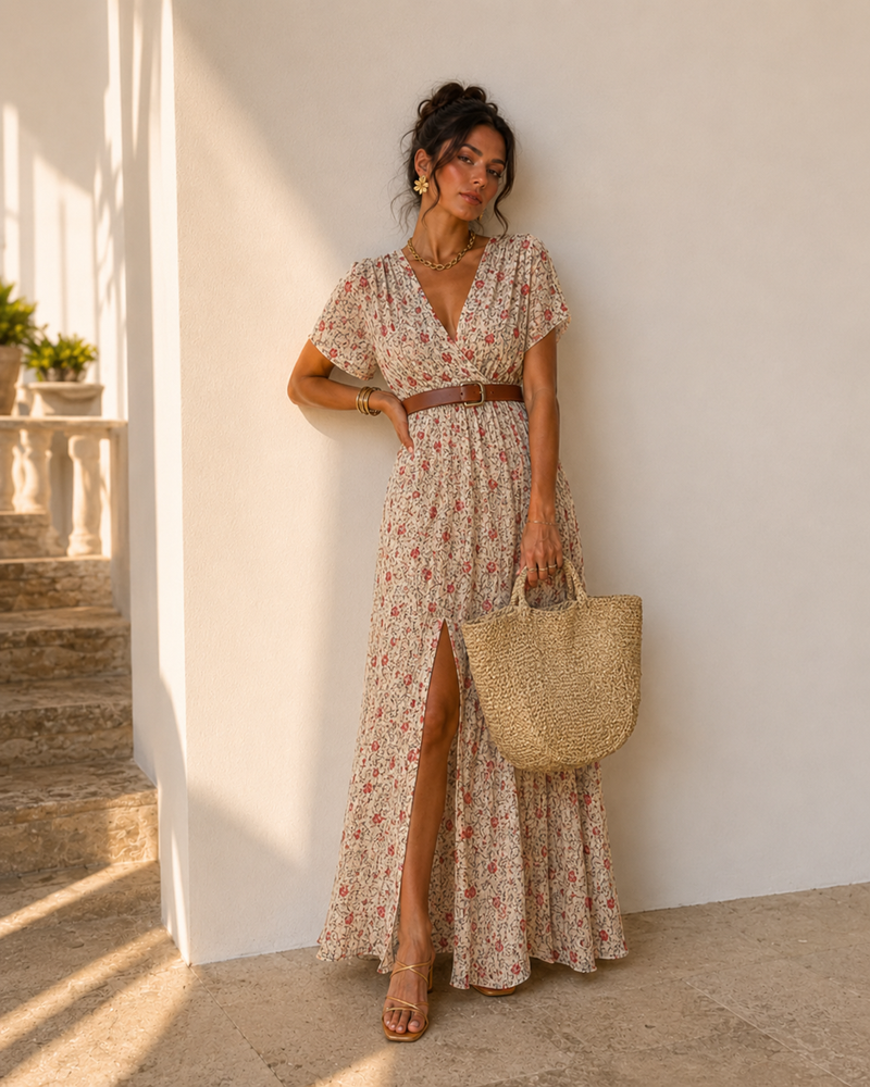 Justine™ | Vestido largo bohemio fluido con cinturón