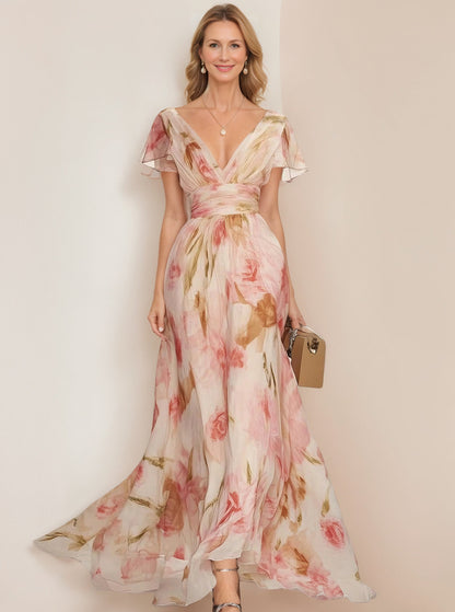 Vestido Largo Floral con Escote V y Mangas Mariposa en Rosa