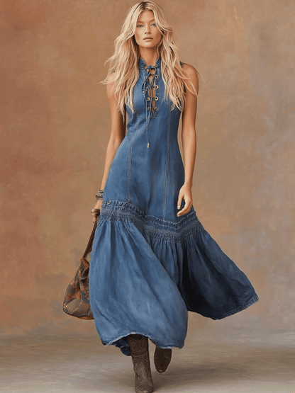 Vestido Maxi Denim Azul con Cuello Anudado y Bajo Globo
