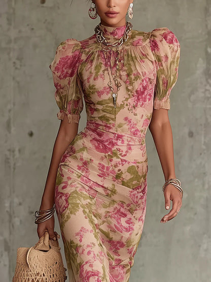 Fiora - Abito lungo con stampa vintage a rose e maniche a sbuffo.