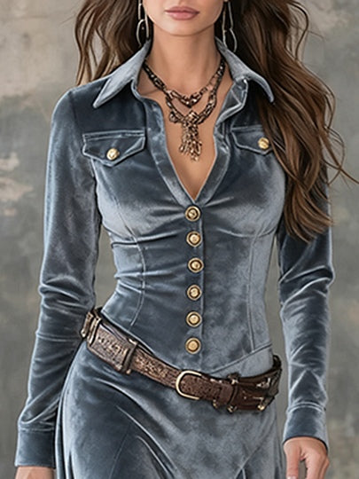 Gray Velvet Lapel Metal Button-down Maxi Dress( (with belt)