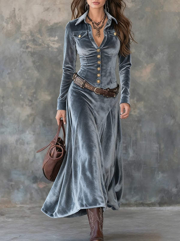 Gray Velvet Lapel Metal Button-down Maxi Dress( (with belt)