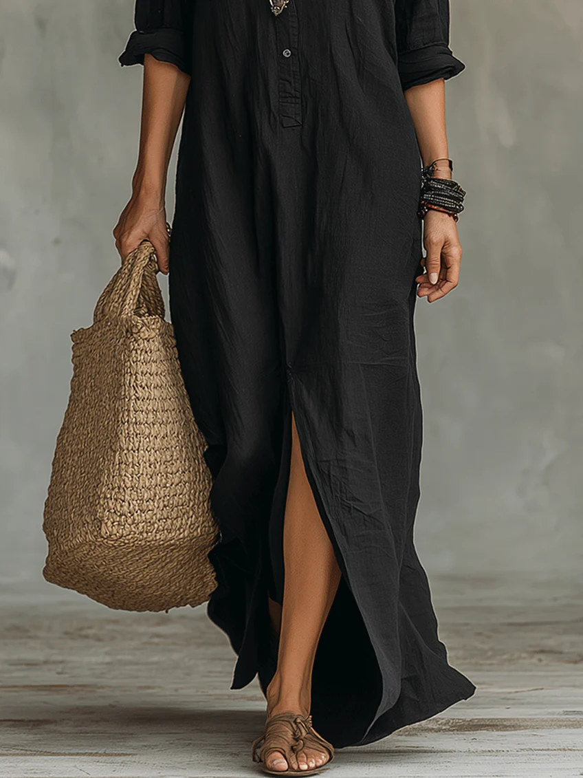 Soline | Vestido Maxi Negro Fluido con Botones