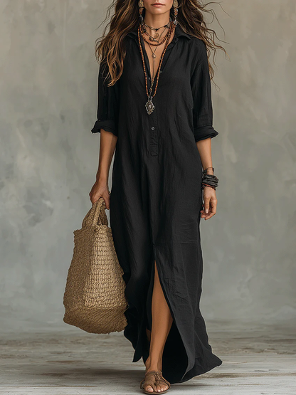 Soline | Vestido Maxi Negro Fluido con Botones