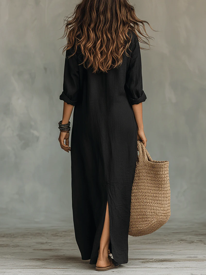 Soline | Vestido Maxi Negro Fluido con Botones