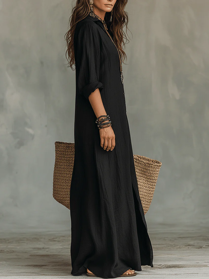 Soline | Vestido Maxi Negro Fluido con Botones