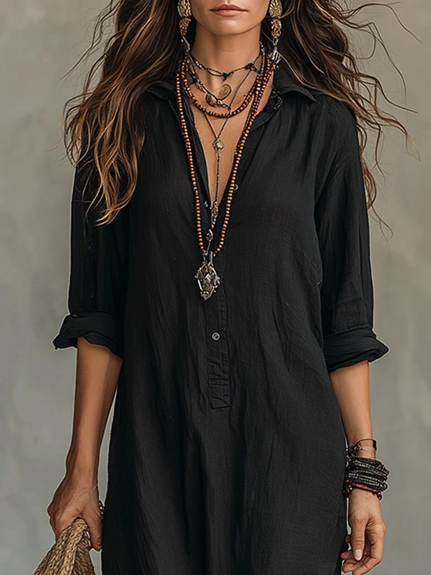 Soline | Vestido Maxi Negro Fluido con Botones
