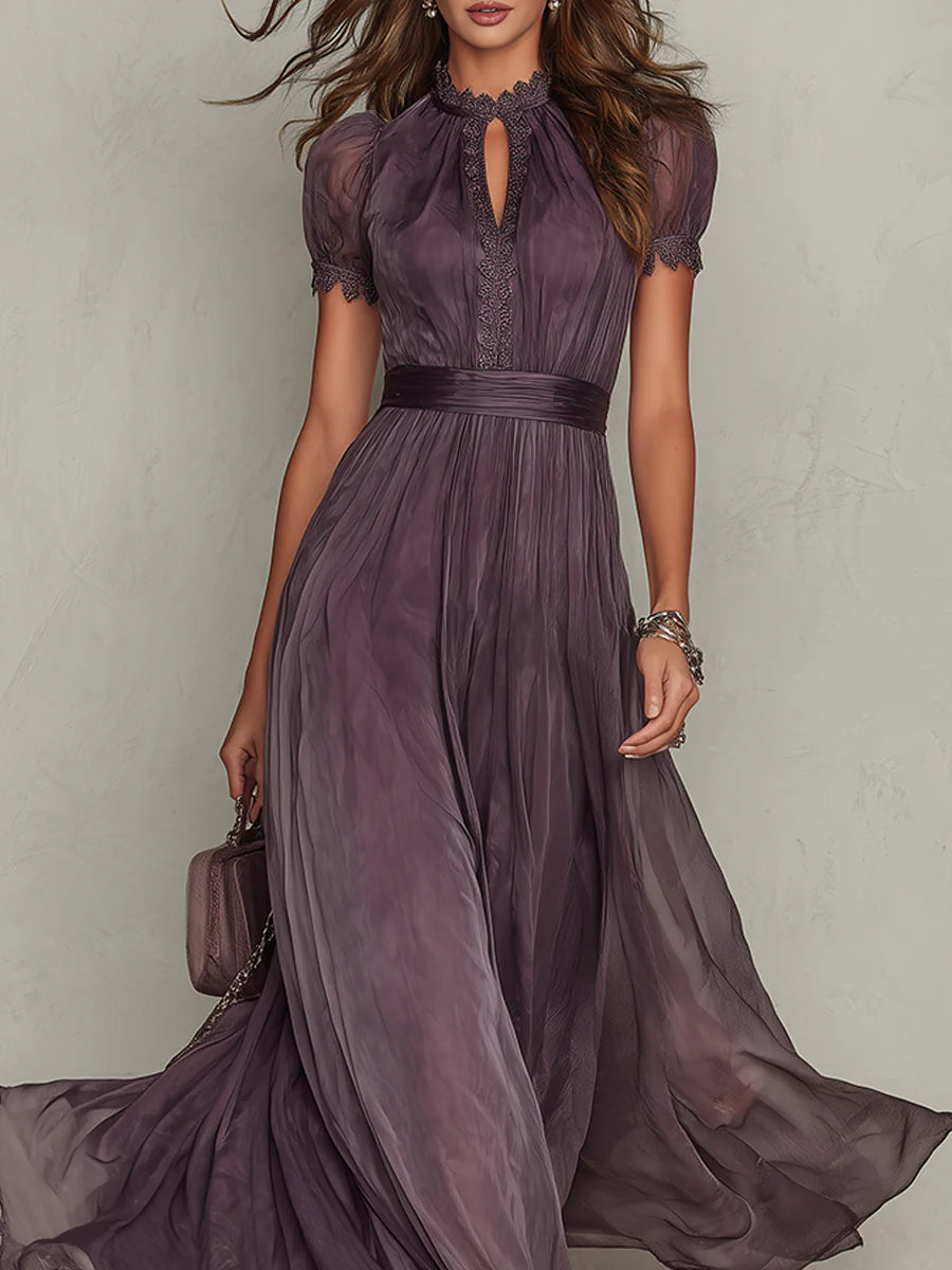 Flavia | Vestido Largo Violeta con Escote Gota y Encaje en Chiffon