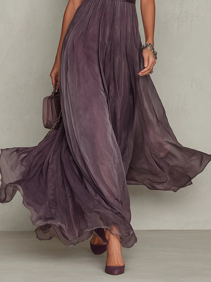 Flavia | Vestido Largo Violeta con Escote Gota y Encaje en Chiffon