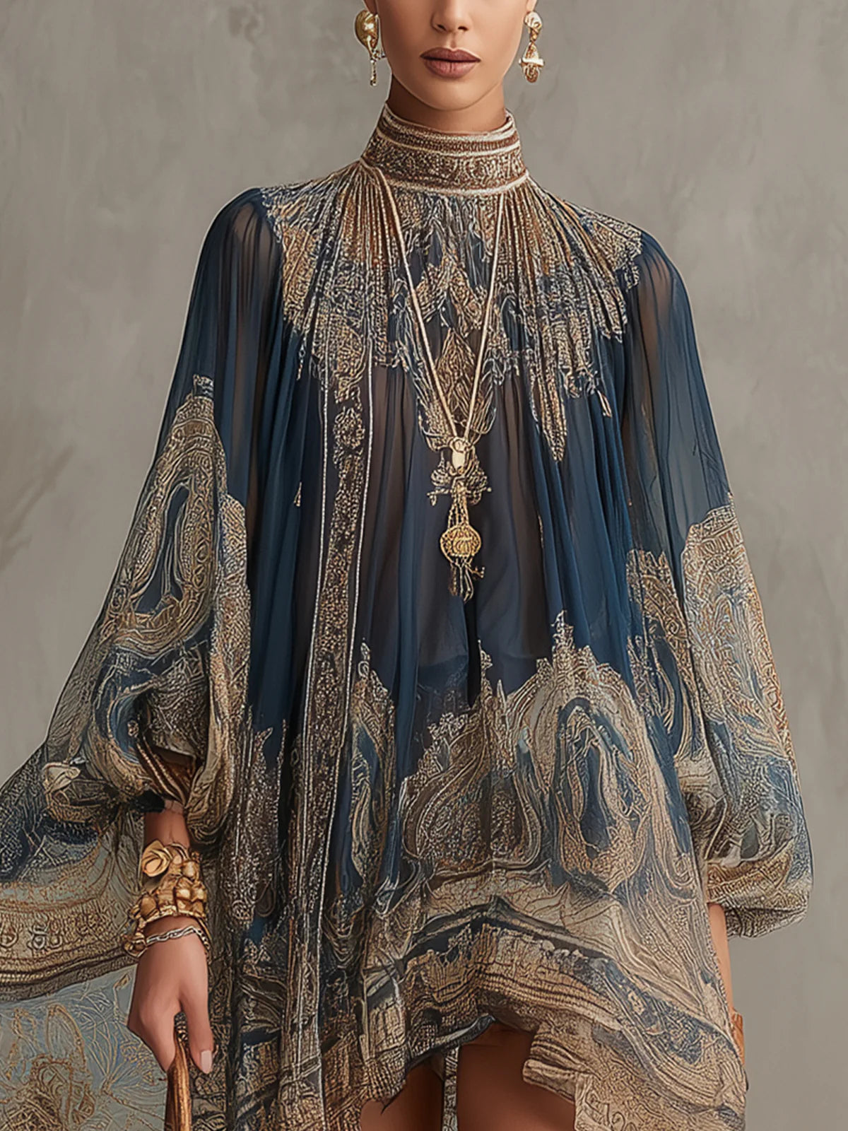 Marianna · Vestido Mini Azul Marino de Chifón con Estampado Barroco