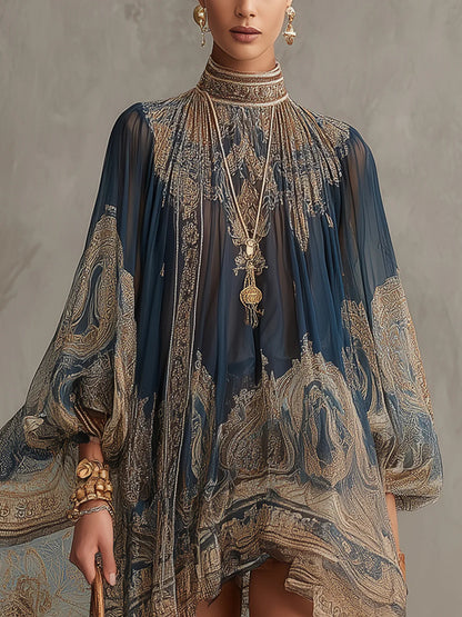 Marianna · Vestido Mini Azul Marino de Chifón con Estampado Barroco
