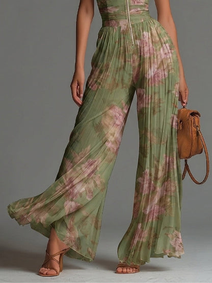 Mono Chiffon Verde Floral con Escote Halter y Pernera Ancha