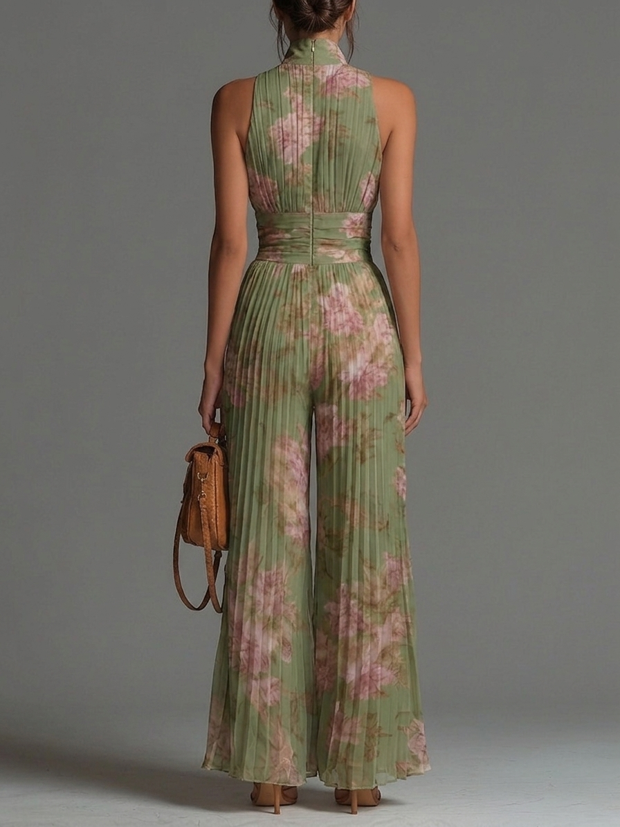 Mono Chiffon Verde Floral con Escote Halter y Pernera Ancha