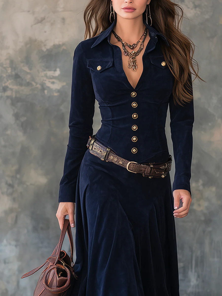 Diana.Vestido largo de ante con detalle de botones