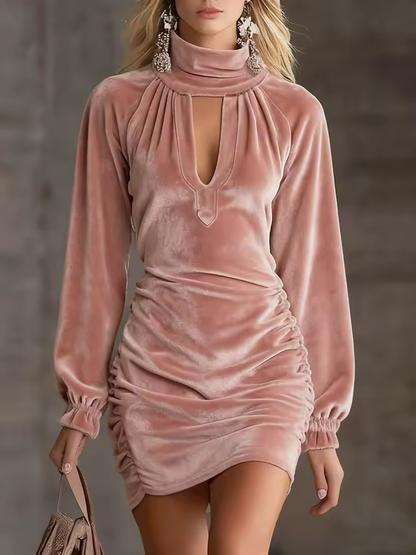 Velvet High-neck Cutout Ruched Mini Dress