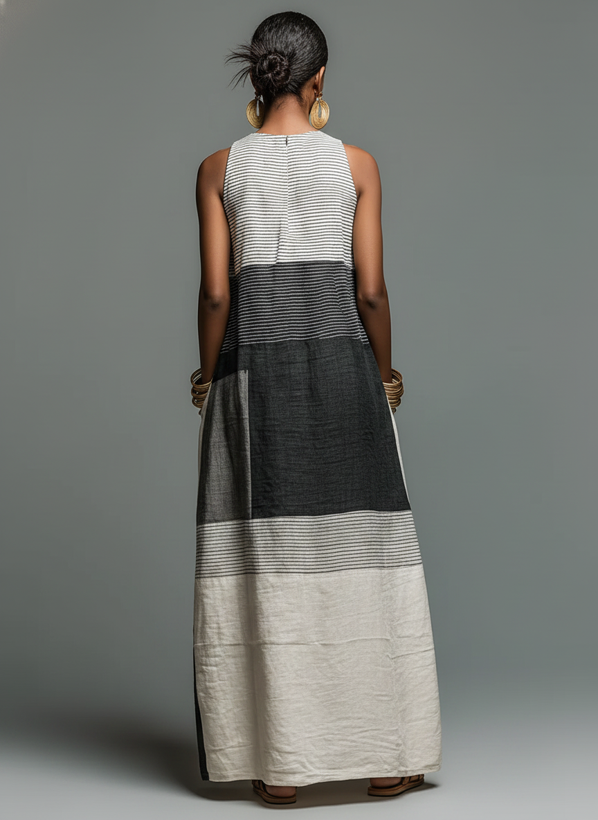 Nora · Vestido Maxi de Lino con Rayas Color Block