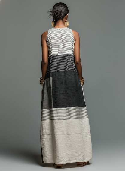 Nora · Vestido Maxi de Lino con Rayas Color Block