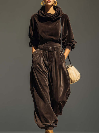Conjunto de sudadera de terciopelo marrón vintage y pantalones holgados (Incluye cinturón)