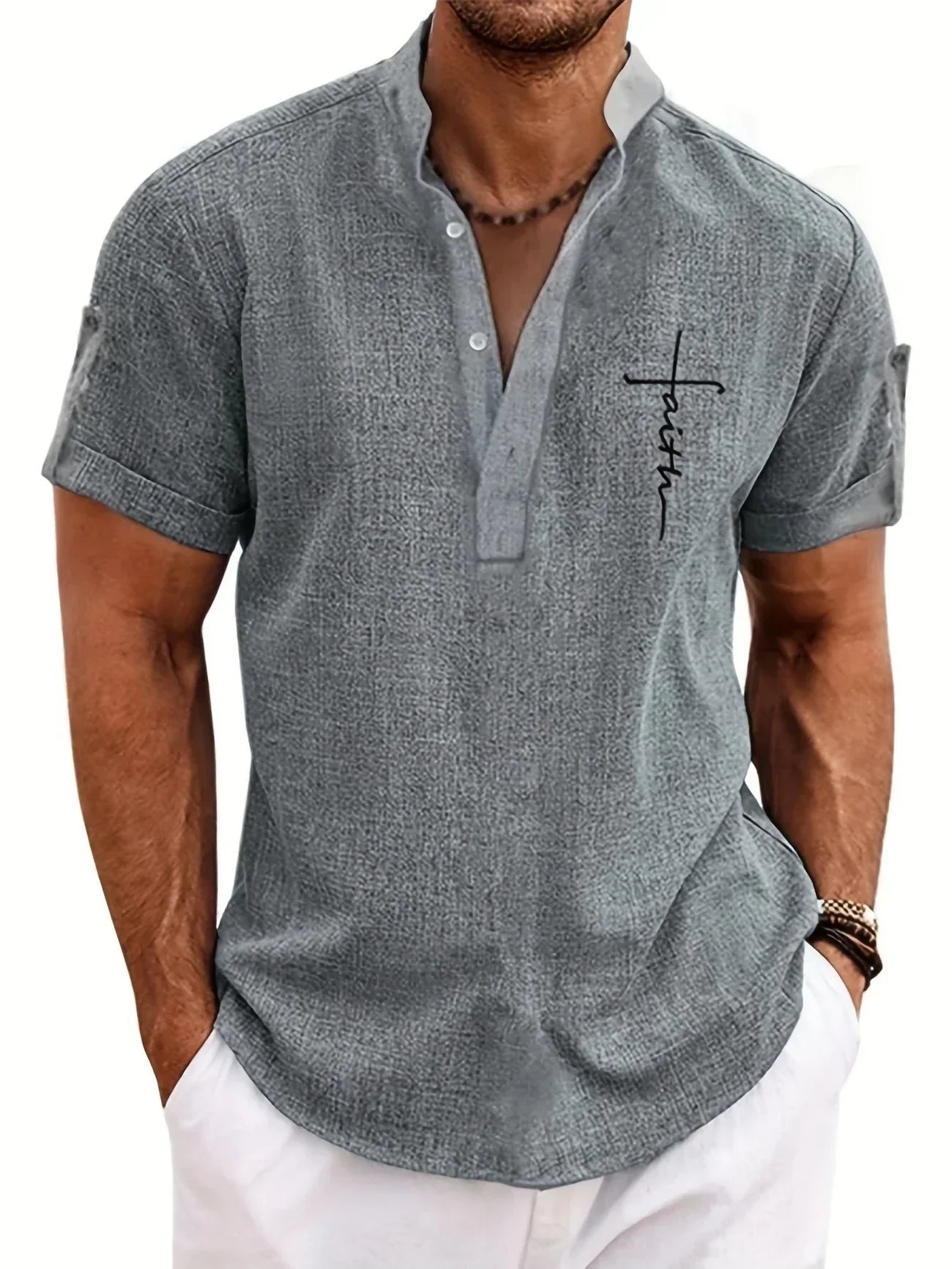 Adrián | Camisa elegante de manga corta con cuello mao
