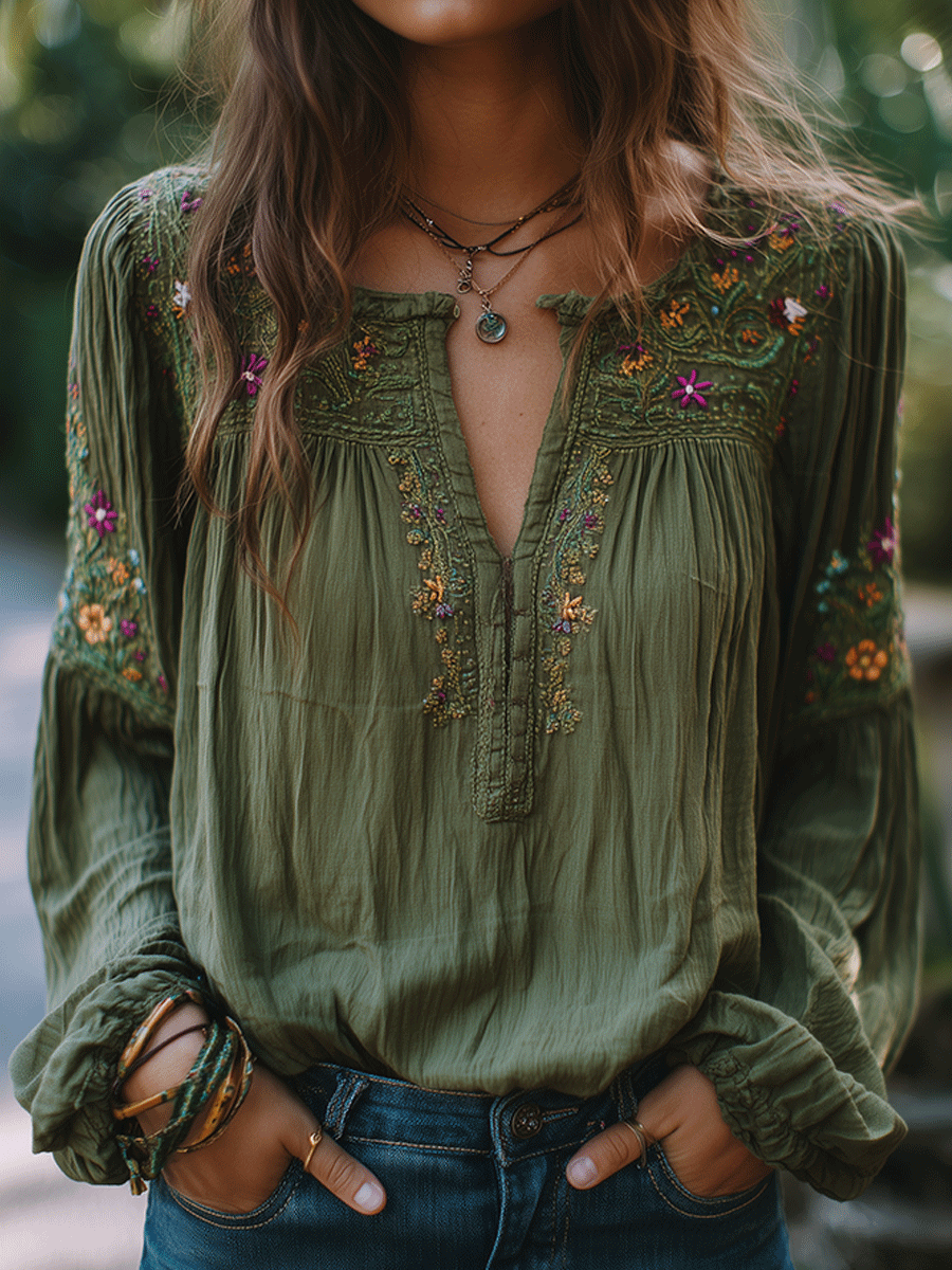 Manuela · Camisa bordada con flores bohemias