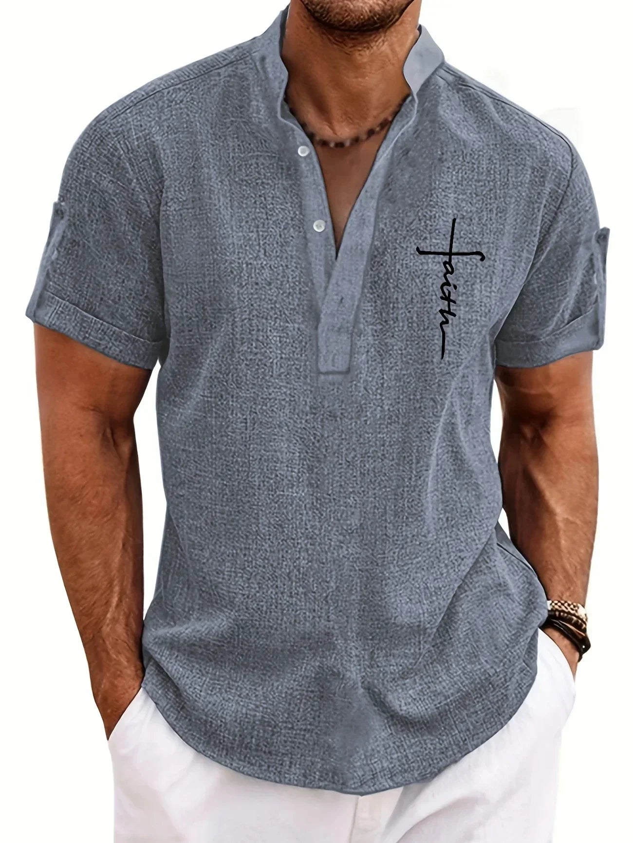 Adrián | Camisa elegante de manga corta con cuello mao