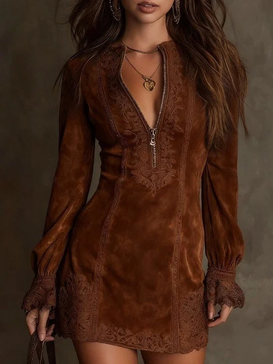 Giulia.Vestido mini efecto ante con encaje