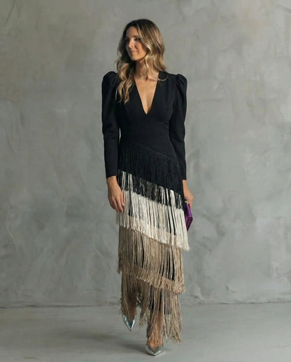 Clara™ | Elegante midi-jurk met franjes aan de mouwen